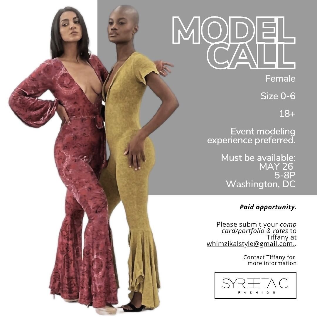 MODEL CALL, paid opportunity | share &amp; tag

Please note requirements for submission:

Female.
Sz 0-6
18+

Professional event model experience preferred. This casting is for live event modeling, not a photoshoot or runway experience. 

Must be ava