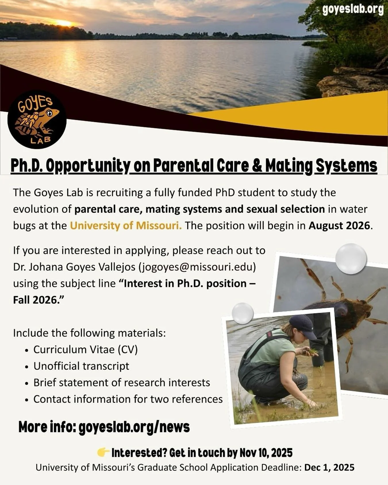 🌿🐞 Ph.D in Animal Behavior &amp; Evolutionary Ecology 🐞🌿

Are you passionate about parental care, sexual selection, and animal behavior? The Goyes Lab at the University of Missouri is recruiting a Ph.D. student to study the reproductive biology o