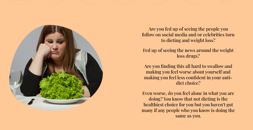 A woman sitting at a table with a plate of lettuce, a glass of water, and a fork, looking sad or disappointed, with a light peach-colored background and text discussing issues related to dieting, social media influence, and weight loss challenges.
