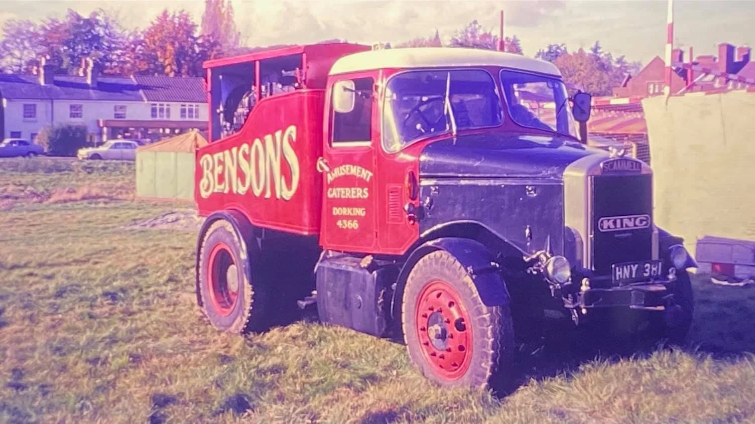 Vintage Scammell truck with "Bensons Amusement Caterers Dorking 4366" written on the side.