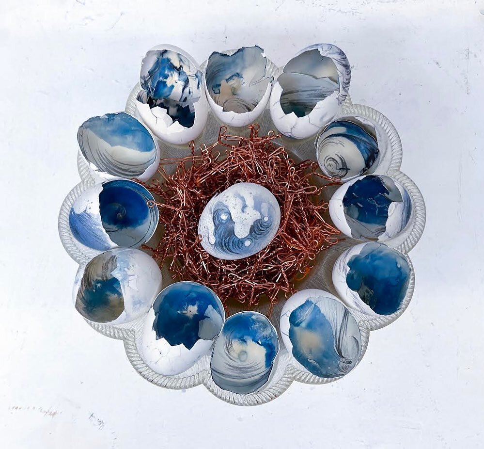 They Ate Our Rights for Dinner

Is an mix media piece made from Chicken Eggs, Cyanotypes, graphite, and copper wire made to look like copper IUD all served on a vintage plastic Devilled egg plate 
.
.
.
#roevwade #fineart #cyanotype #interdisciplinar