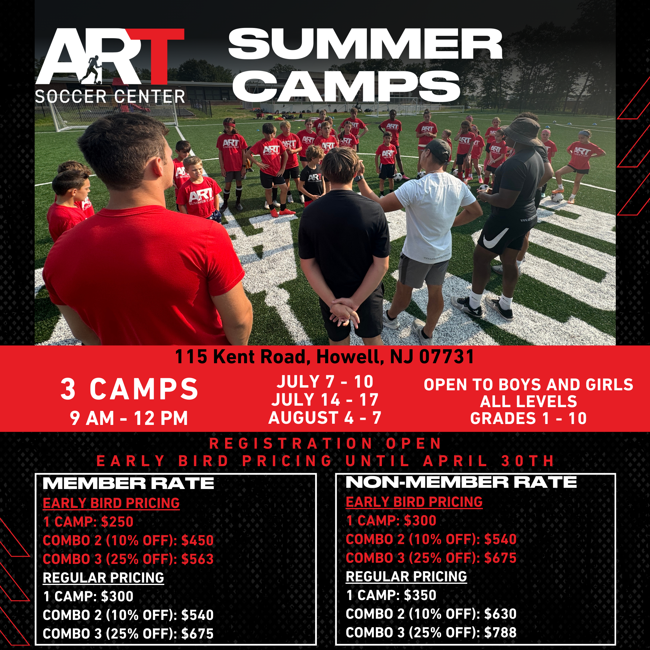 Soccer field with children in red and black shirts listening to coach during summer camps at the Art Soccer Center.