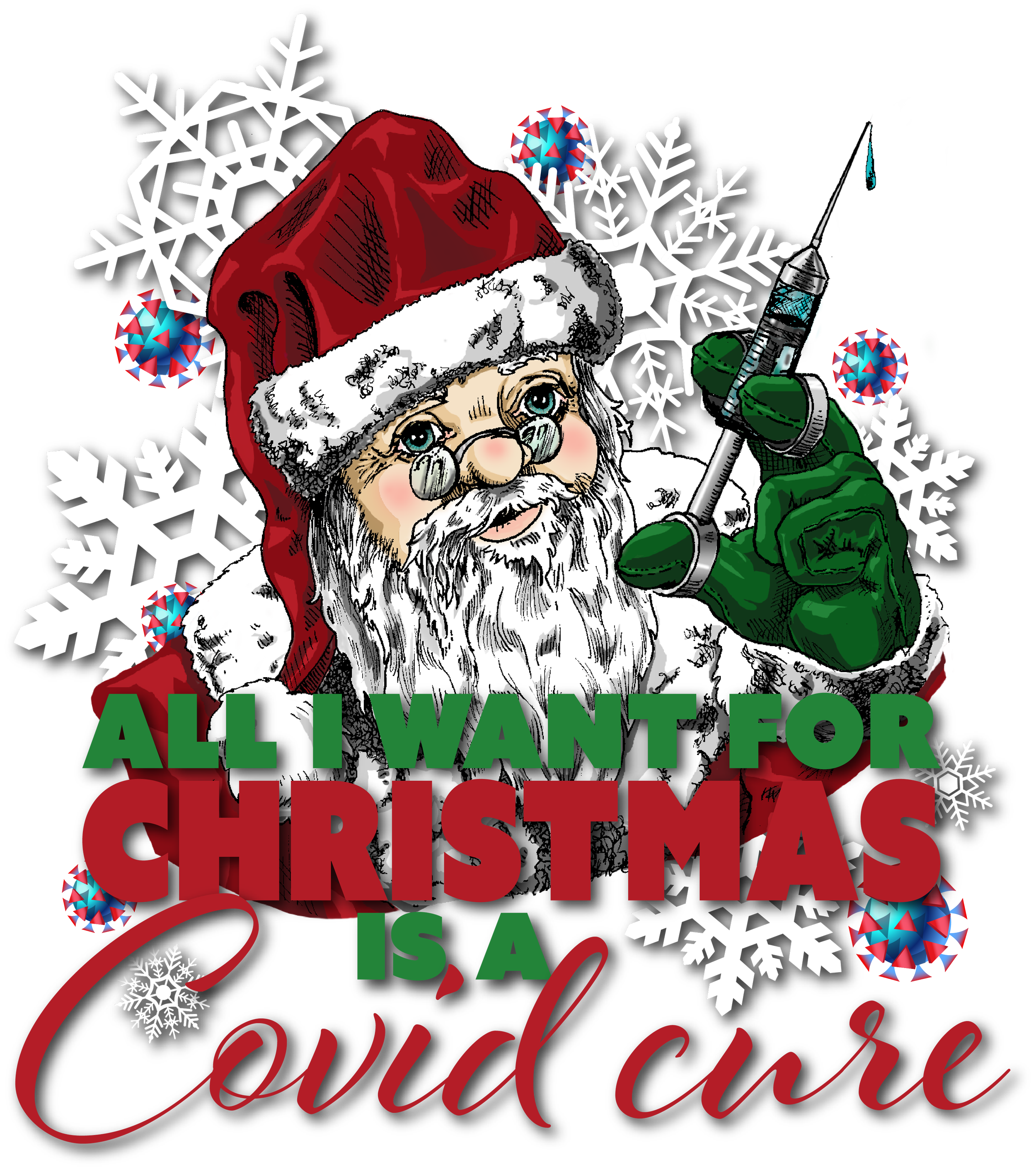 Santa holing a syringe with a covid cure in it