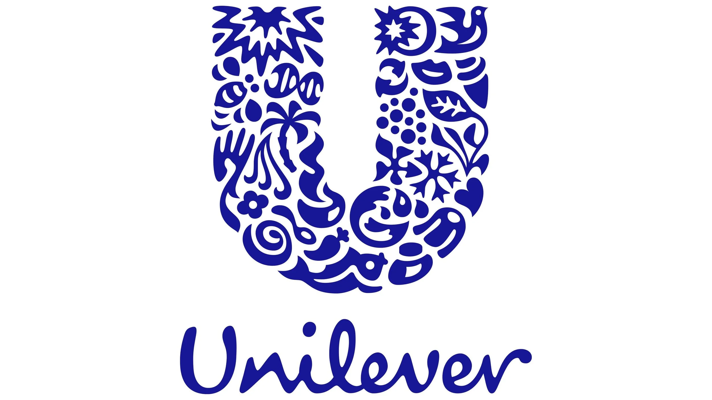 A decorative blue letter U made of various small icons related to celebration, happiness, and unity, with the word 'Unilever' written below in blue.