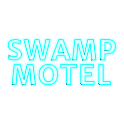 The logo of SWAMP TALK, with the text in bright blue and a black background.