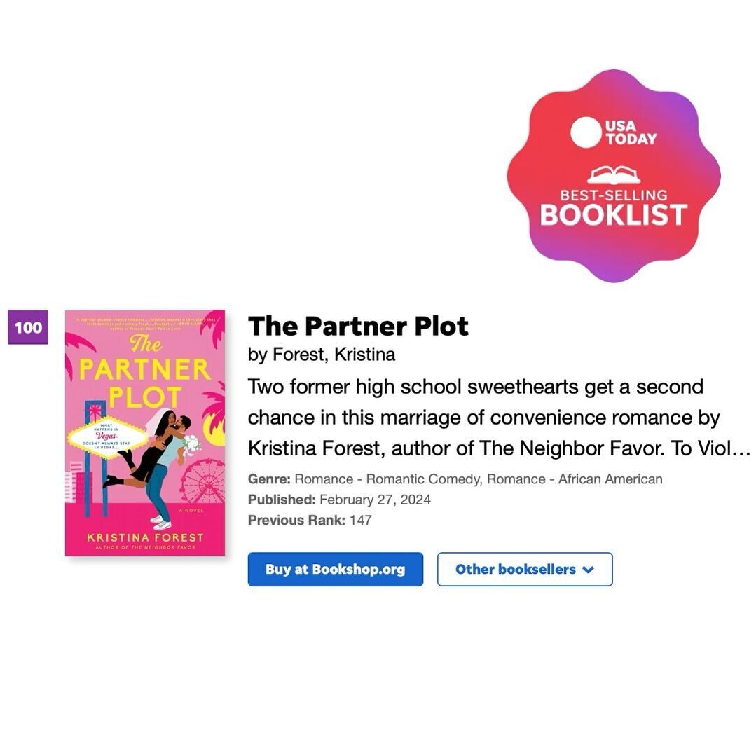 ✨💕✨ Look who is moving on up the @usatoday Booklist! Congratulations, @kristinaforest_ !!! #thepartnerplot 💕✨💕