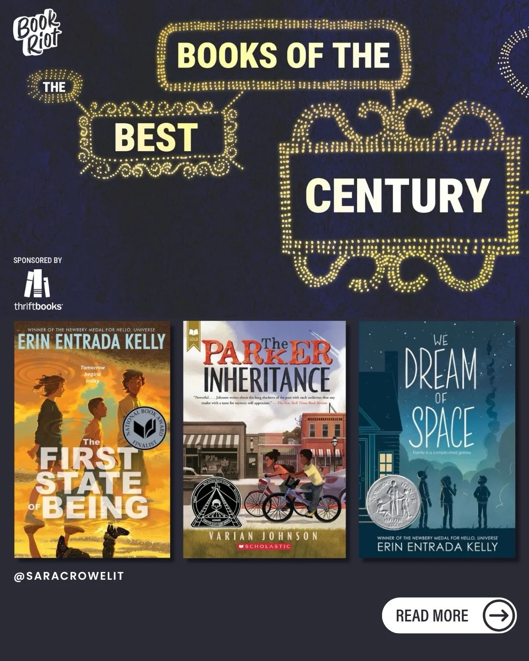 Congratulations to our @bookriot BEST OF THE CENTURY titles! Swipe to read more about these incredible stories ➡️

@erinentrada @mrvarianjohnson #bookriot #bestof #scifi #mg #kidlit