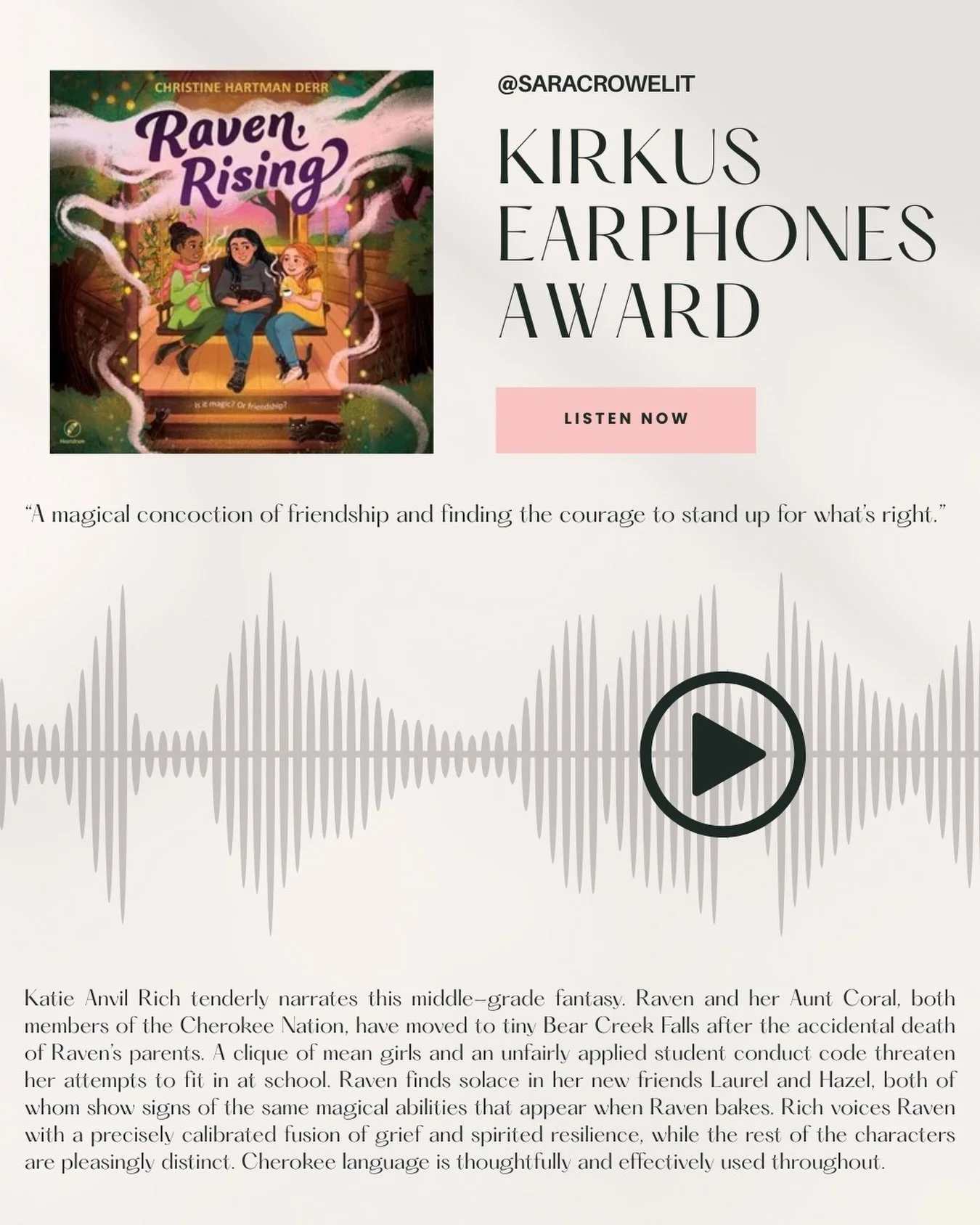 Christine Hartman Derr&rsquo;s RAVEN, RISING audiobook has received an Earphones Award from Kirkus! Congratulations, @christinehartmanderr! 🎧 

#award #earphones #audio #audiobook #listen