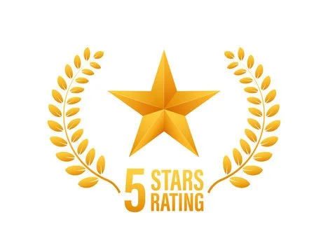 Gold star with laurel branches and text saying '5 Stars Rating'