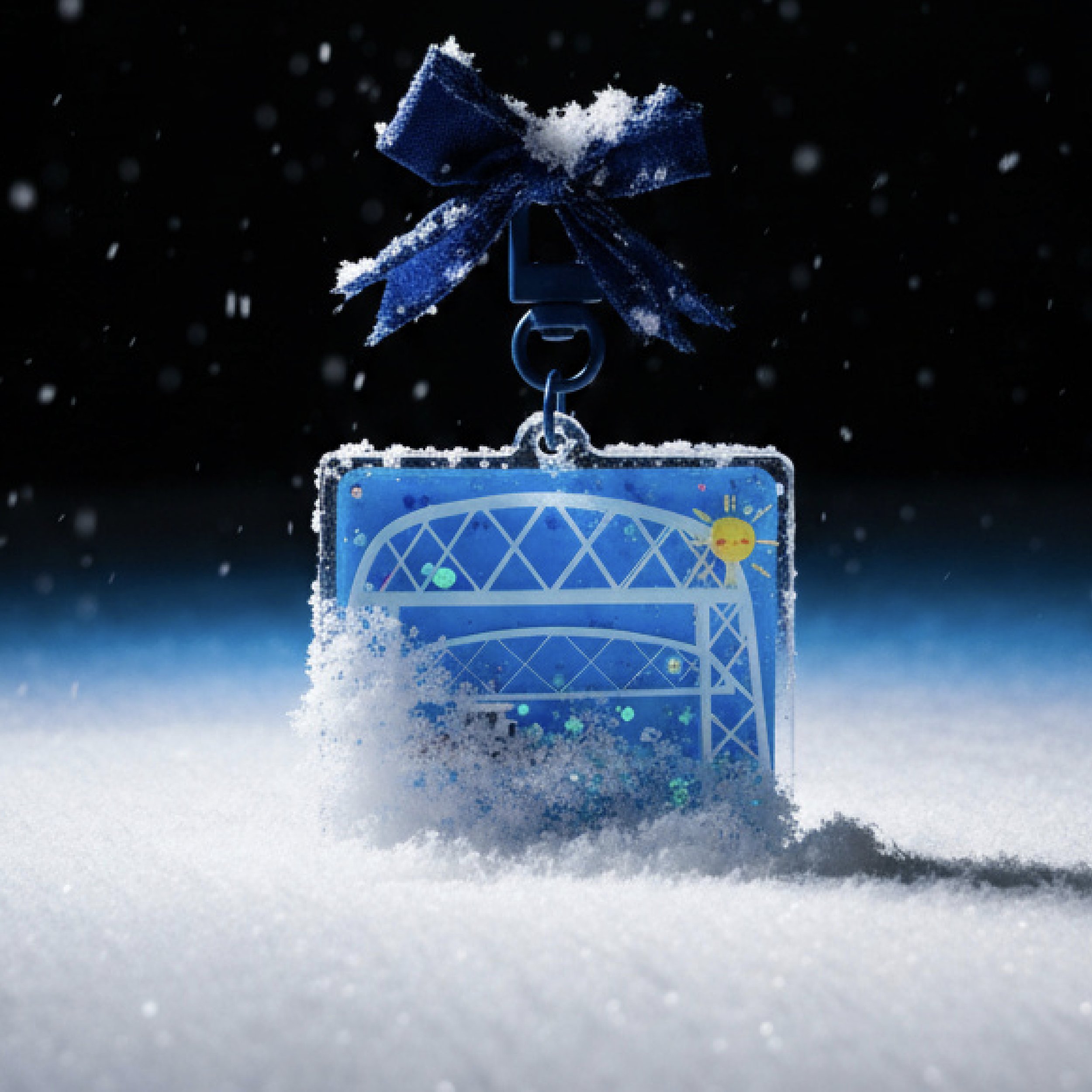 Duluth’s aerial lift bridge featured in a winter wonderland glittering snow scene, this is a 2026 moving glittering charm