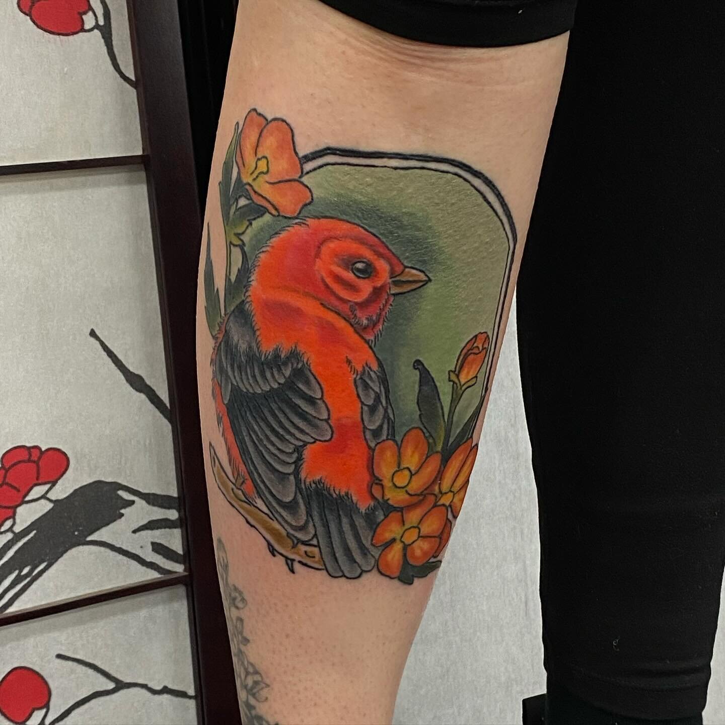 Scarlet tanager with desert globe mallows by @coltrontattoos dm coltron to set up appointments