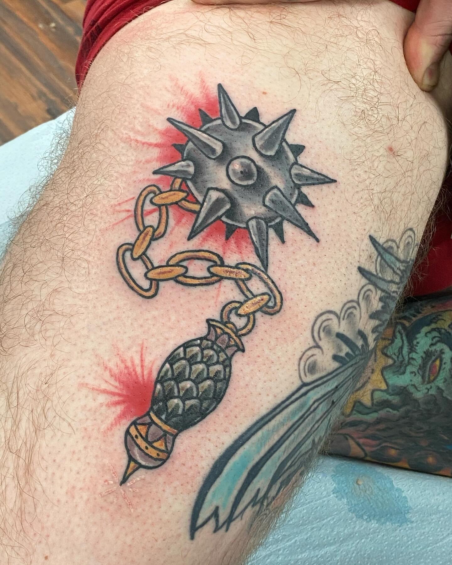 Flail by @coltrontattoos dm him directly or call the shop to set up appointments. #madisontattoo #weapon #traditionaltattoo #tattoo #mindfloss #gfsf #uwmadison