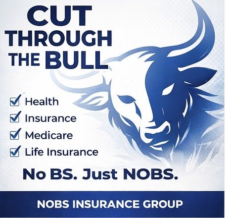 A promotional poster for NOBS Insurance Group featuring a stylized blue and white bull's head and the slogan 'Cut Through the Bull,' listing services like health, insurance, Medicare, and life insurance.
