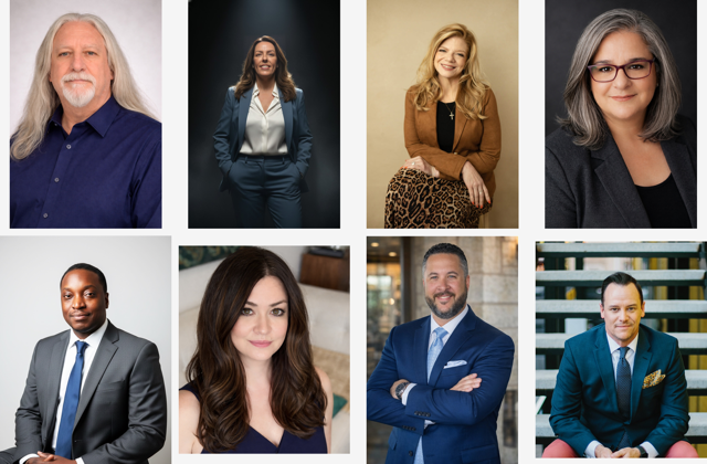 Collage of eight professional headshots featuring diverse men and women in business attire, posing confidently.