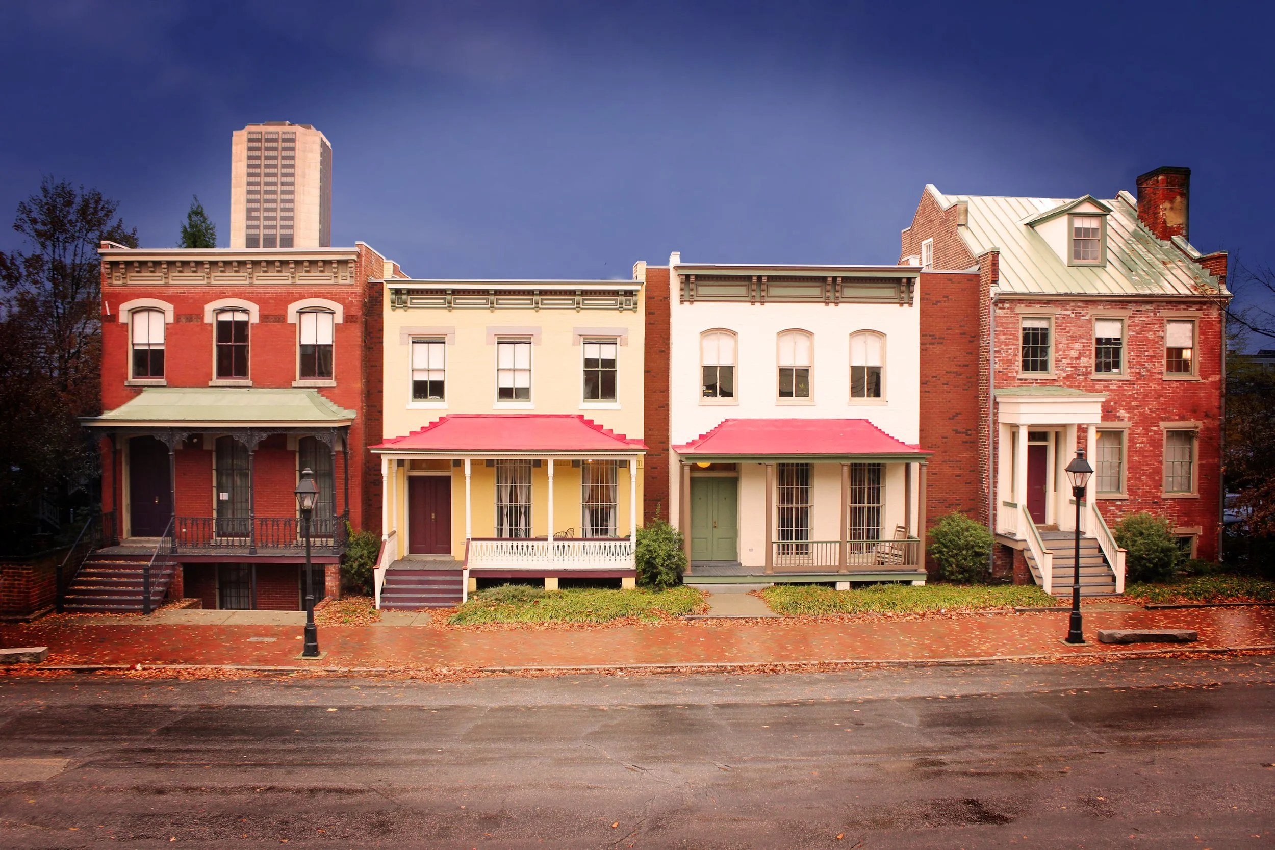 In Your Ear Studios. Recording studio. Exterior. Five colorful historic row houses in Richmond, Virginia.