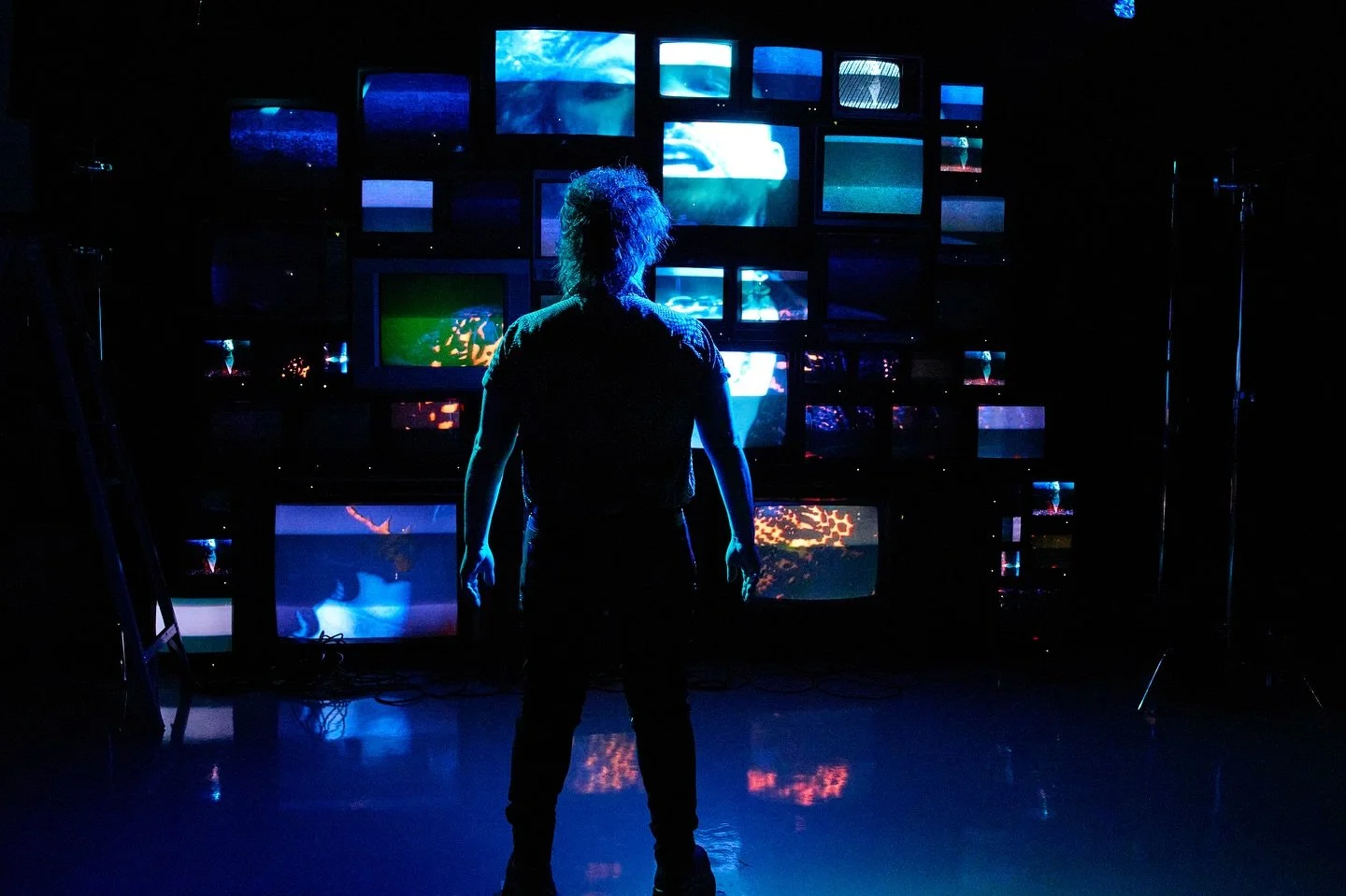 Some amazing stills from @dmnx.photo for the new music video from @panic_priest directed by @devon4d.

Link in bio!

We stacked a massive CRT wall mapped with 30 NDI players out of Resolume for the main wall and towers. With additional practical glit
