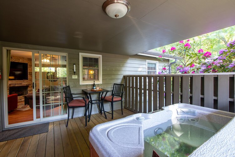 Cozy hot tub Enclosed Asheville Cottage deck