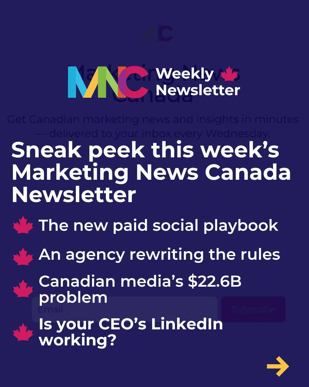 This week's newsletter is packed! 

Paid social. Agency culture. Canadian media. Executive visibility.

Plus job postings and webinars every Tuesday, from MNC 🍁 

Subscribe with the link in our bio