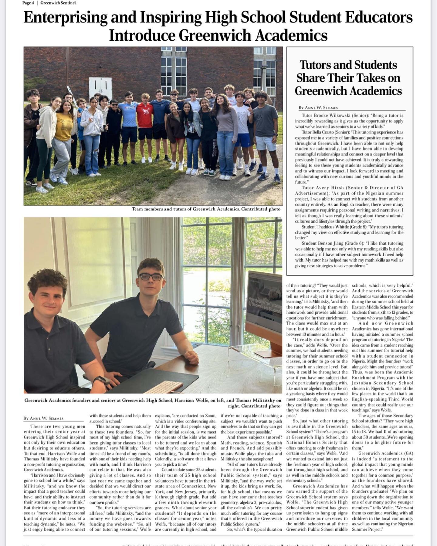 Thank you to the Greenwich Sentinel for this article about our organization!