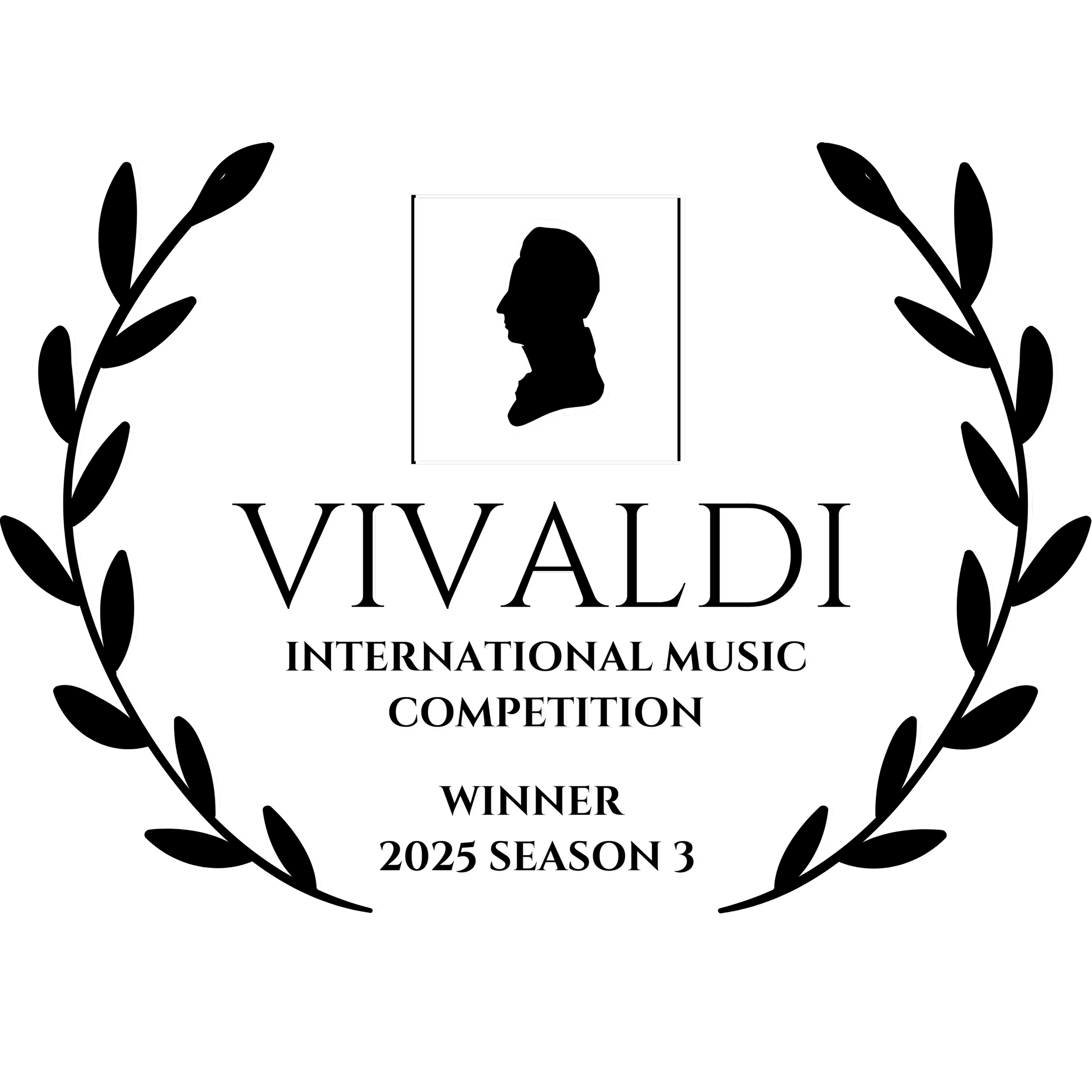 Certificate or award image with a black background, featuring a stylized portrait line drawing of a person in a square at the top center, and decorative laurel branches on each side. The text reads: 'VIVALDI International Music Competition Winner 2025 Season 3.'