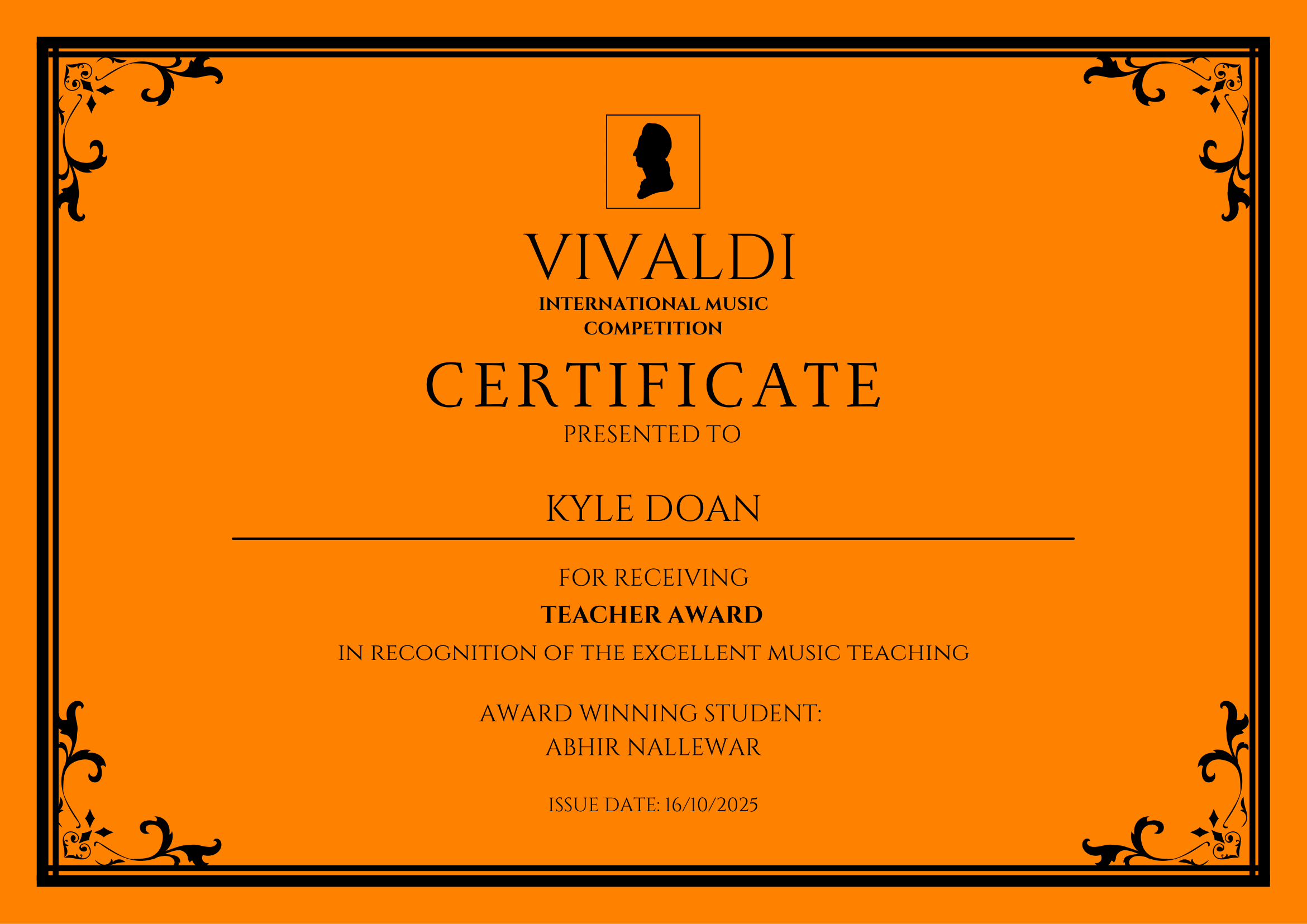 An orange certificate with a black decorative border, awarded to Kyle Doan for receiving a teacher award in music, issued on October 16, 2025.