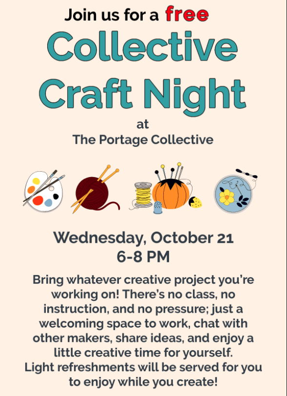 beige flyer with icons of paint, yarn, notions, and embroidery