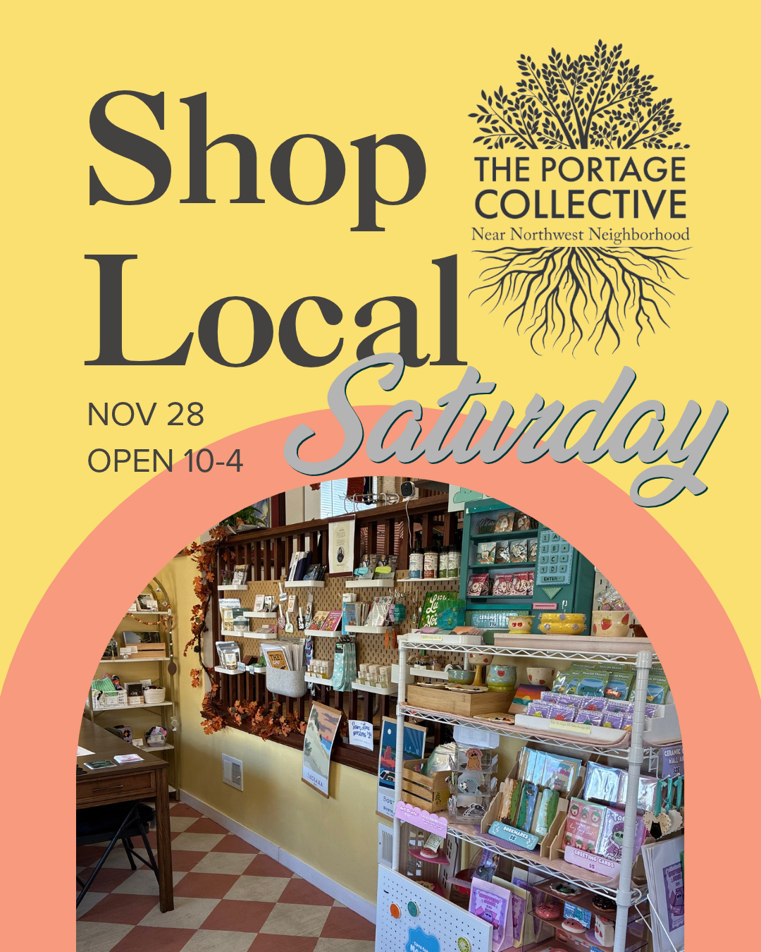 yellow and coral flyer with a photo of a cute shop display