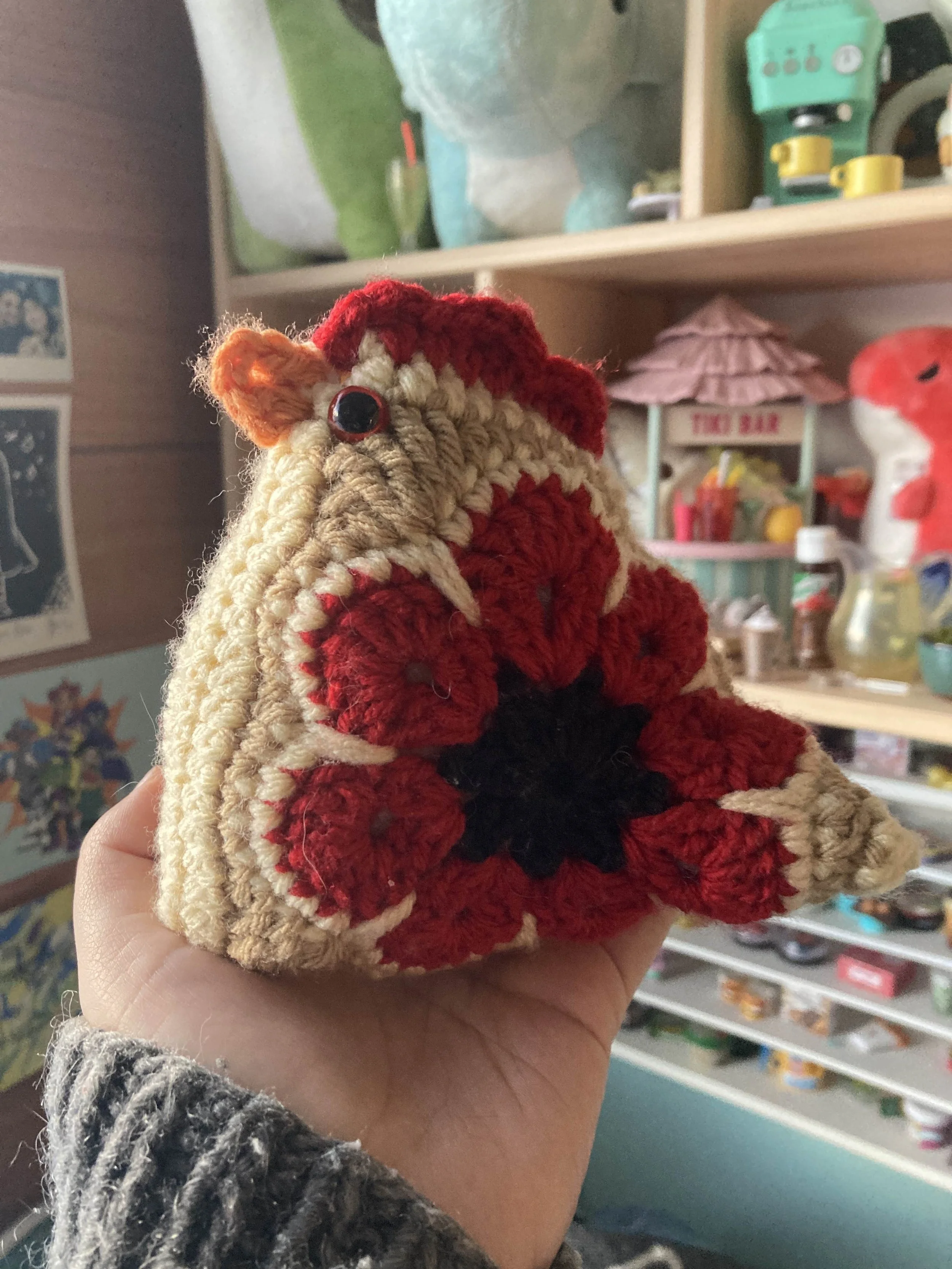 crochet plush chicken made from a granny square