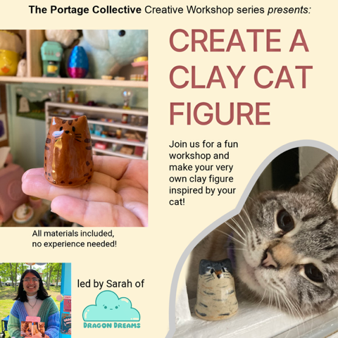 kawaii clay cat, real tabby cat, artist headshot