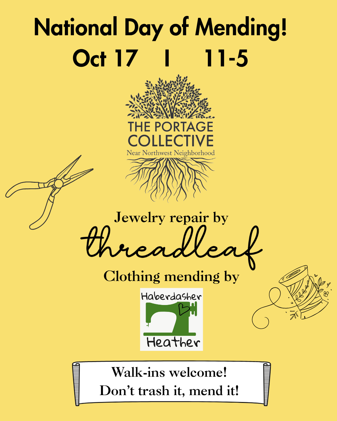 yellow flier with logos, thread and plier line art