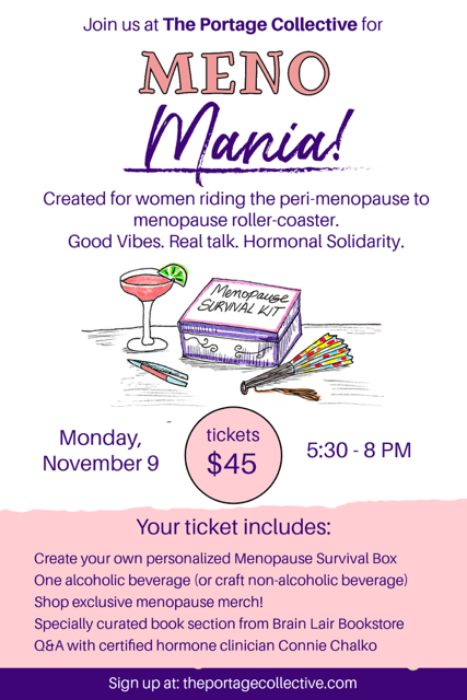 pink cocktail, menopause survival kit, hand fan, and pen