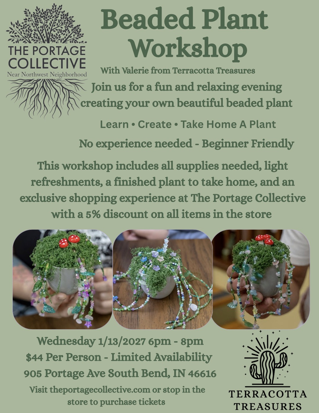 sage green flyer with pictures of beaded plants in tiny pots with moss and red toadstools