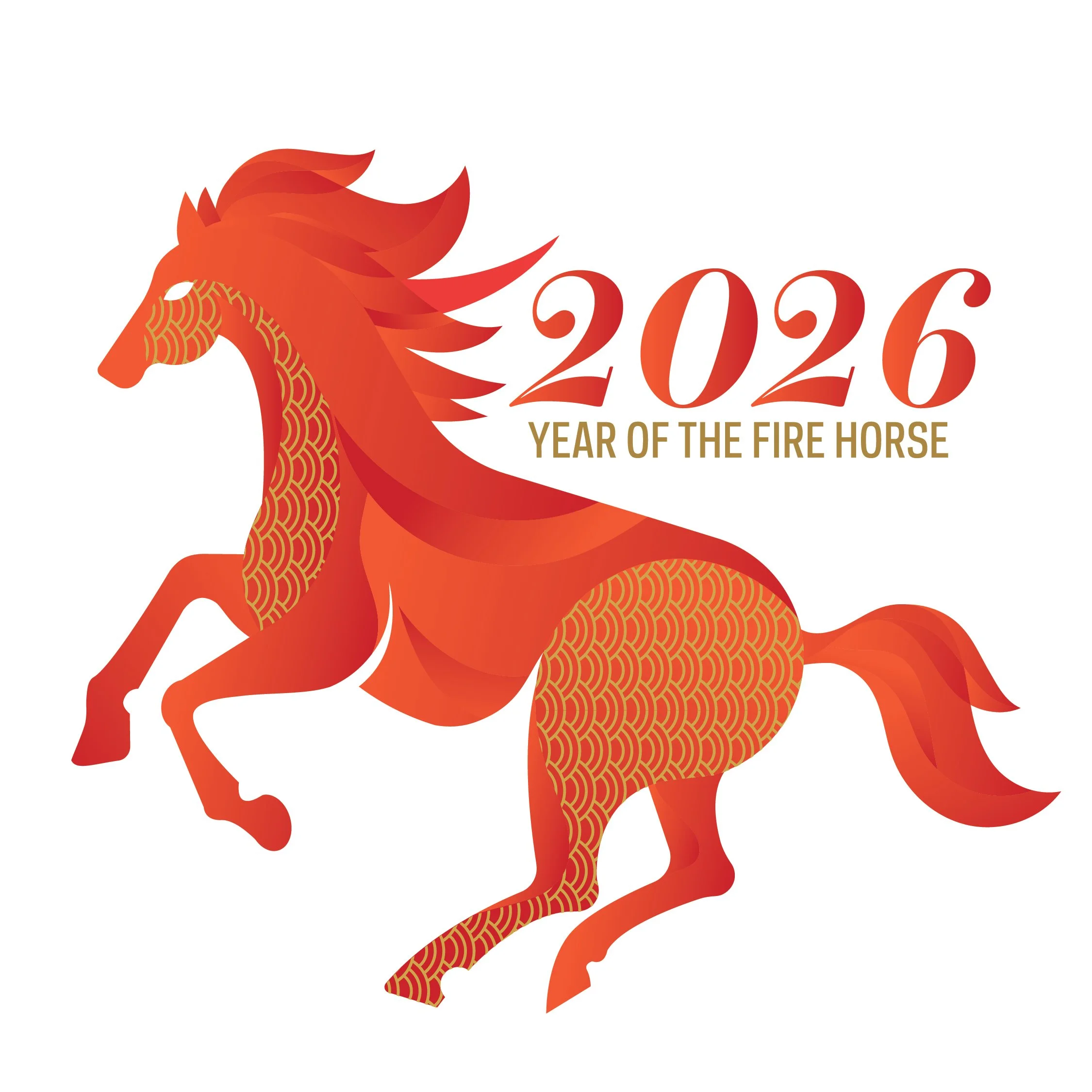 red rearing horse with golden patterns on its body, 2026 Year of the Fire Horse