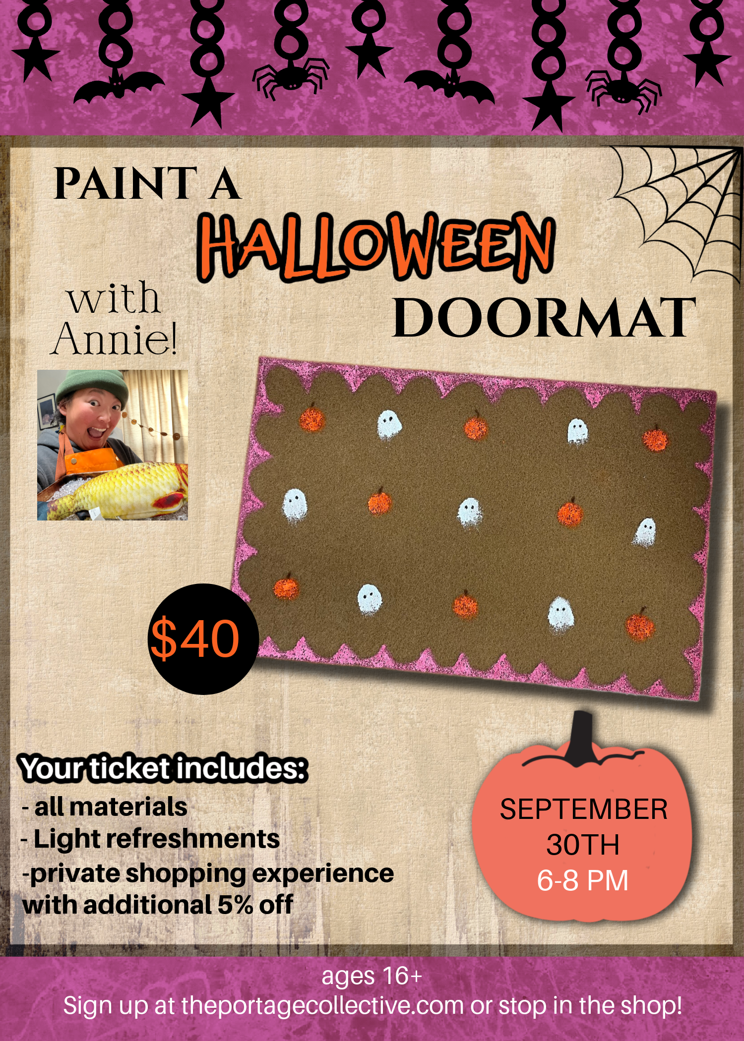 doormat hand painted with pink scalloped border, little ghosts and pumpkins