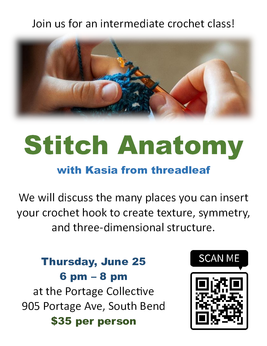 crochet class - hands holding a crochet hook and blue yarn