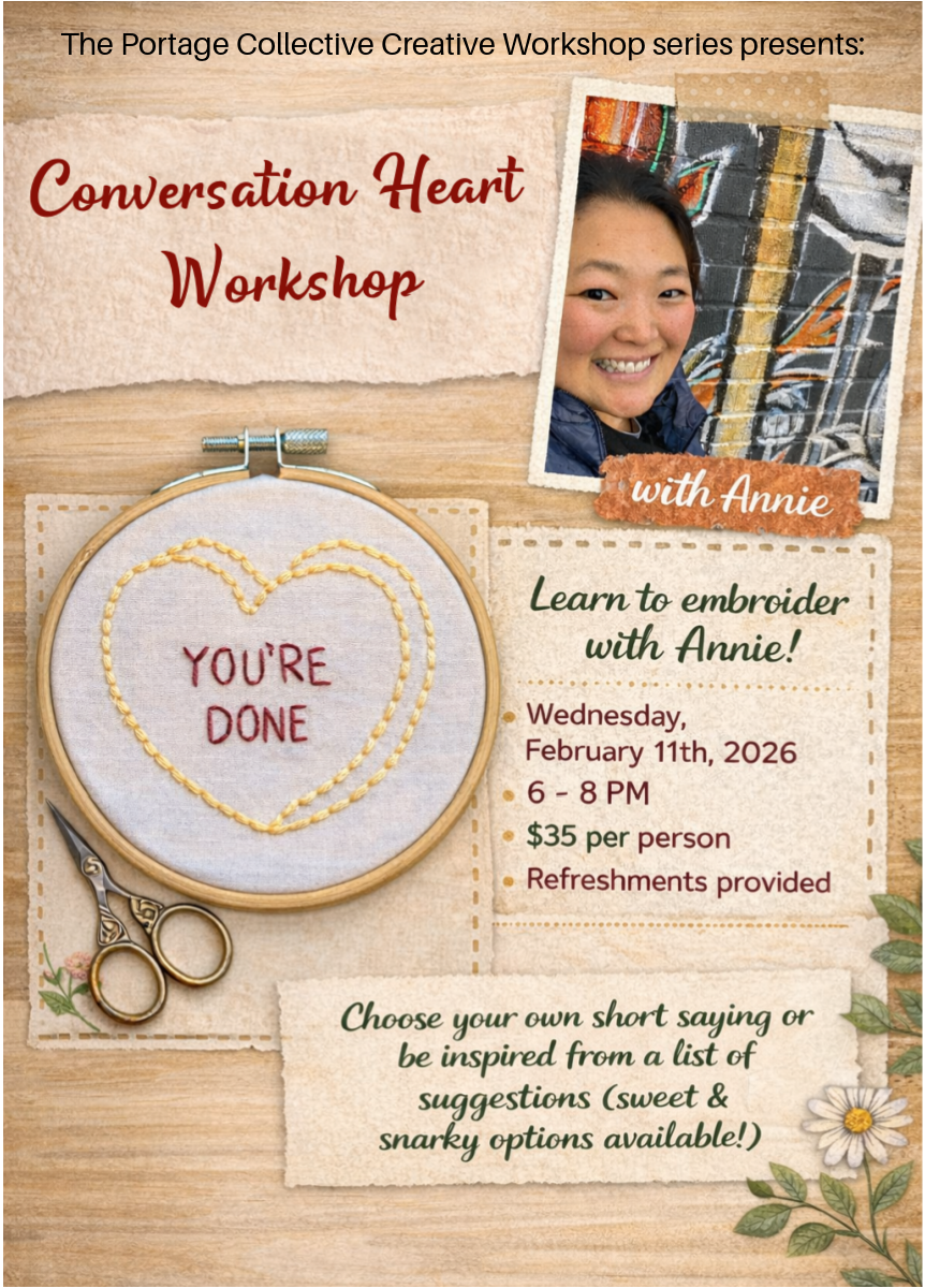 Collage with a conversation heart embroidery, scissors, a headshot of the artists, and details about the class.