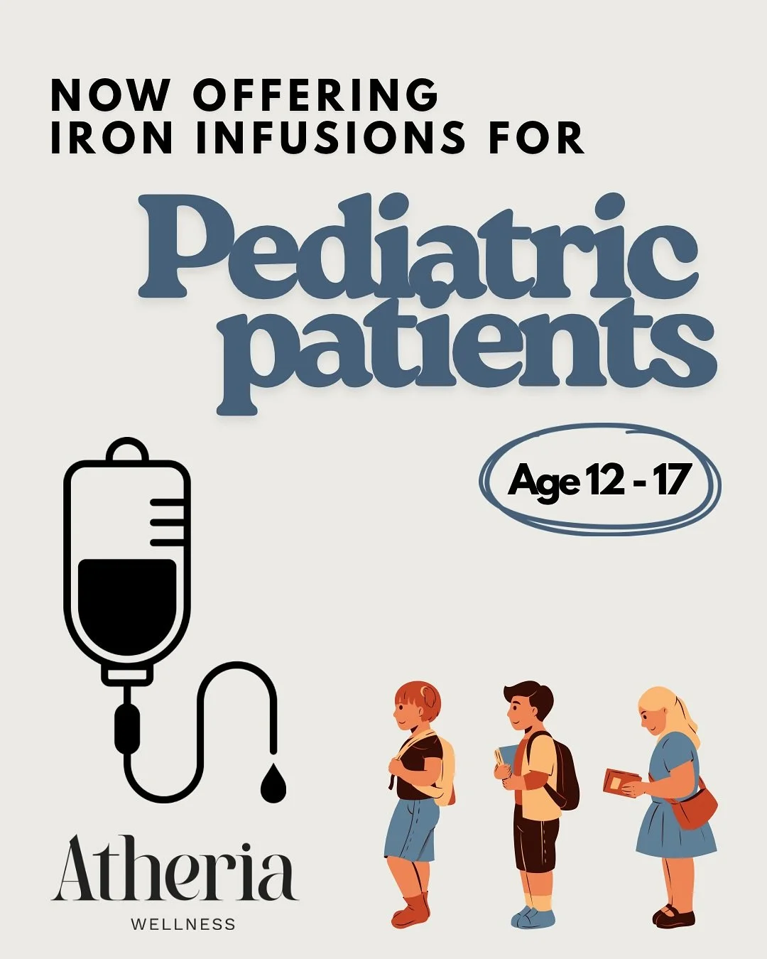 Is your teen struggling with Iron Deficiency and needing timely access to care? We can help 😊 Book a consult today! 
#AtheriaWellness #PediatricCare #IronInfusion #TorontoFamilies
#pediatricironinfusion #toronto #atheria #ironinfusionforadolescents 