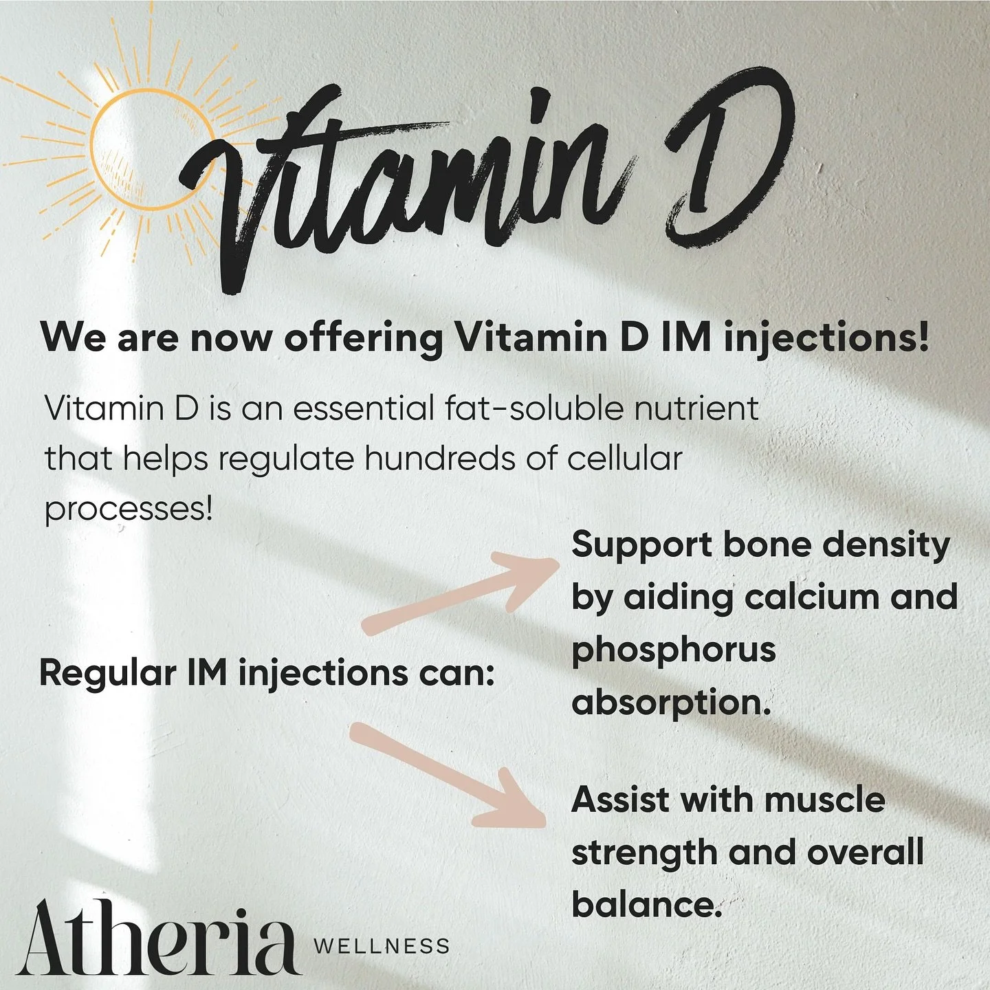 ☀️ Feeling tired, low on energy, or struggling with immunity?
Boost your sunshine levels with a quick Vitamin D injection 🌞💉

✔️ Supports bone health
✔️ Strengthens immunity
✔️ Lifts mood &amp; energy

Your dose of sunshine&mdash;no matter the weat