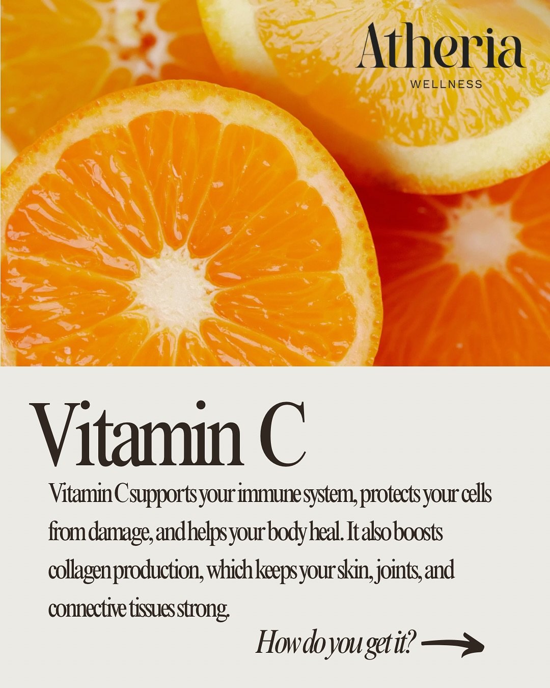 Vitamin C does more than boost immunity &mdash; it supports collagen, enhances healing, and fights oxidative stress. ✨ A small nutrient with powerful, full-body benefits. 

#AtheriaWellness #vitaminC #vitamincinfusions #TorontoWellness #bloorstreetwe