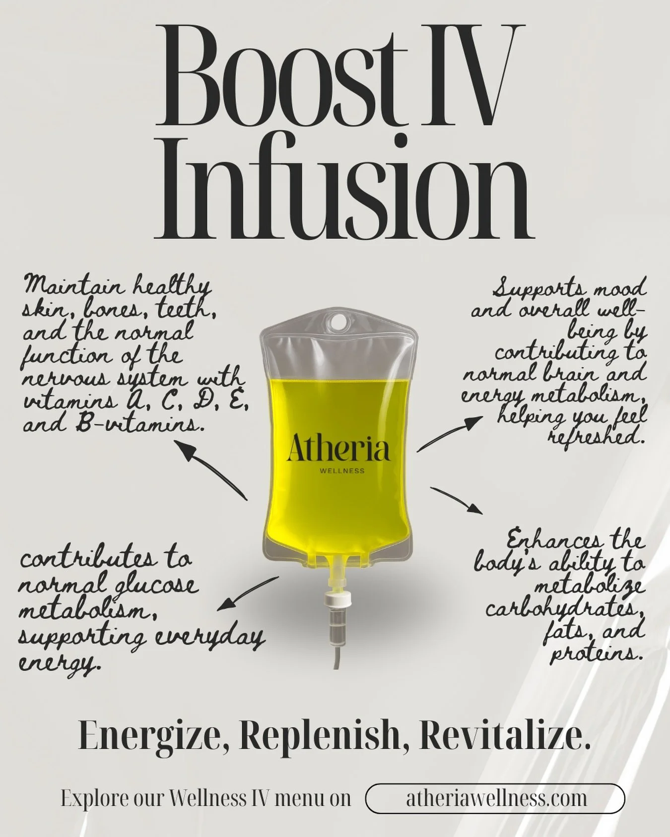 Inside one of our most-booked wellness IV&rsquo;s💧BOOST IV ✨

A blend of vitamins + antioxidants designed for energy, stress support, and cellular recovery.

Think of it as your whole-body reset. 

#atheriawellness #torontowellness #wellnessivdrips 