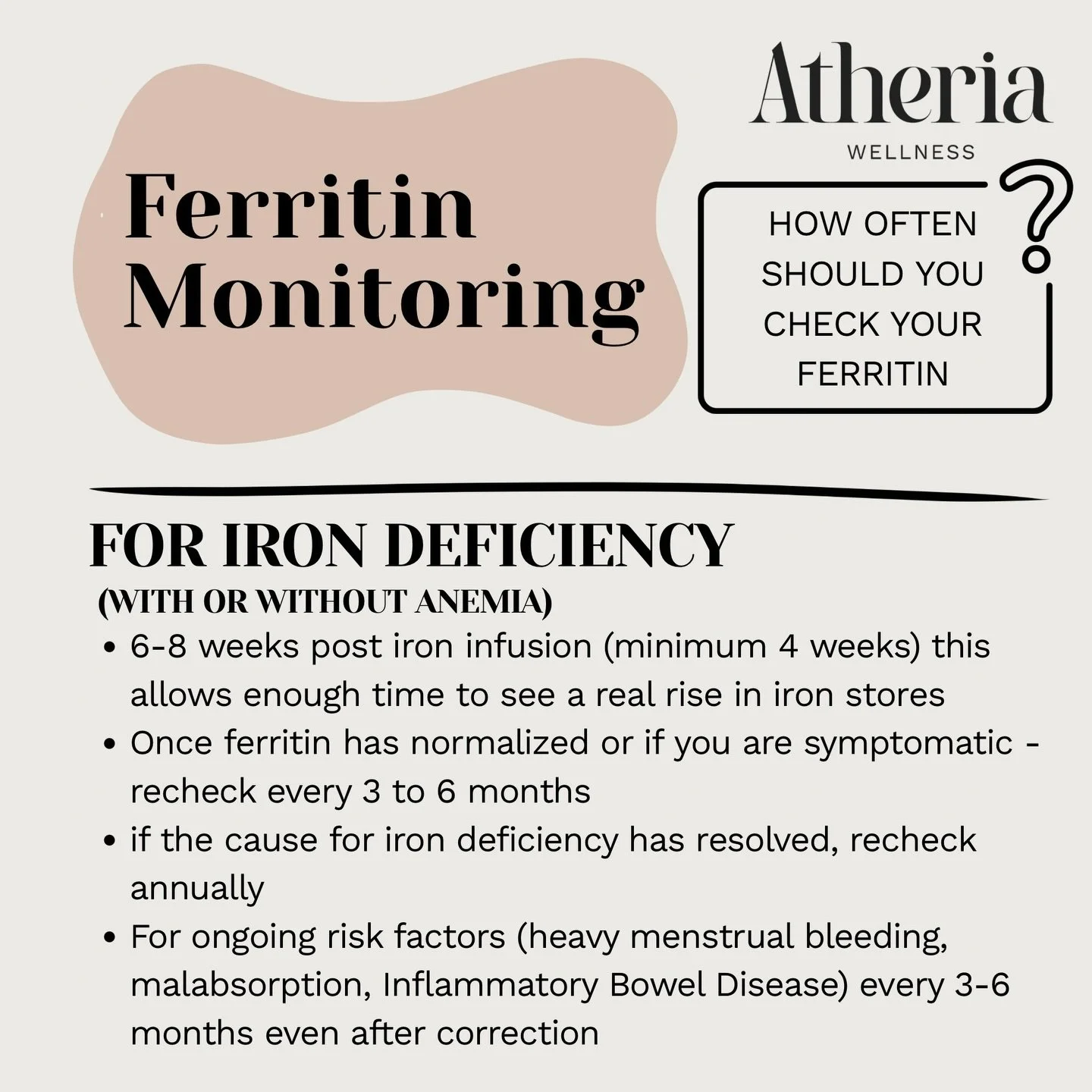 How often should you check your ferritin? 🩸

Your iron story is unique &mdash; we&rsquo;re here to help you understand it. 💛

At Atheria Wellness we can provide an Iron Infusion if your Ferritin is <100 &micro;g/L. Book your assessment online to