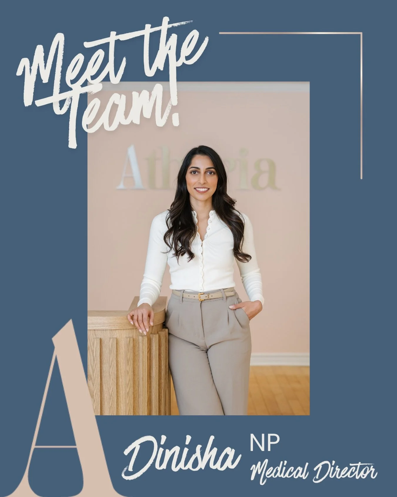 Meet the Team 💞 

Dinisha Patel ✨ 

Dinisha Patel is a Family Nurse Practitioner with the College of Nurses of Ontario (CNO) 🩺. She has taken on the new role as Medical Director at Atheria Wellness clinic ✨.

She completed her Master of Science in 