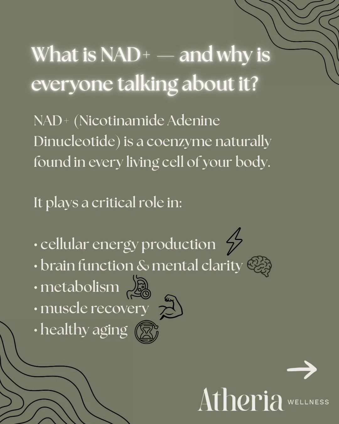 ✨ NAD is a coenzyme your body needs for cellular energy and repair. ⚡🧬

Patients often choose NAD IV therapy for:
&bull; mental clarity 🧠
&bull; sustained energy ⚡
&bull; recovery support 💧💪

At Atheria, we focus on evidence-based use&mdash;no tr