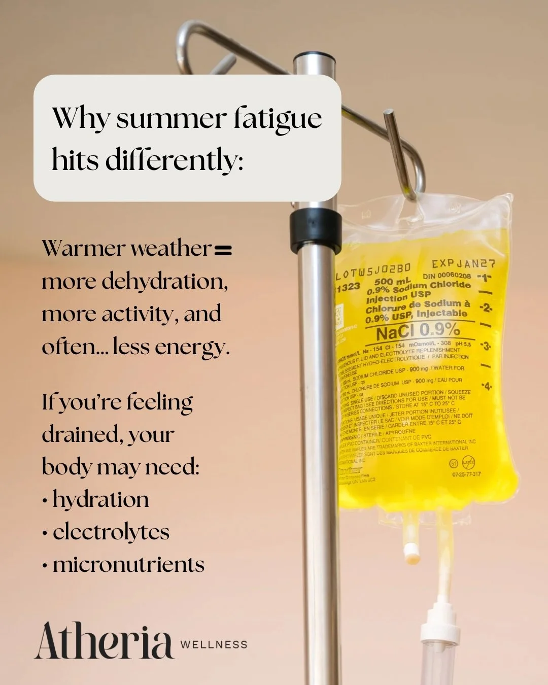 ☀️ Warmer weather = more dehydration 💧, more activity 🏃&zwj;♀️, and often&hellip; less energy 😴

If you&rsquo;re feeling drained, your body may need:
&bull; hydration 
&bull; electrolytes 
&bull; micronutrient support 

IV therapy can help you bou