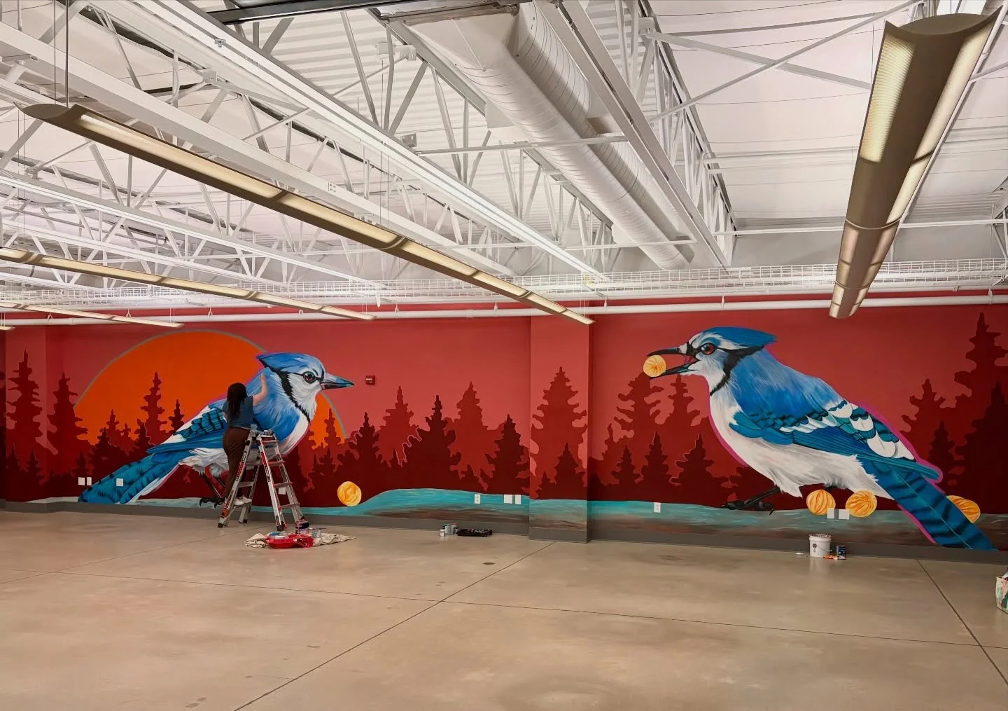 Reciprocity - 50 x 7.5 feet - house paint on drywall 

This project was so much fun and really was a step out of my comfort zone with new color schemes and its execution entirely free from spray paint. The concept of this mural is based on mutualism.