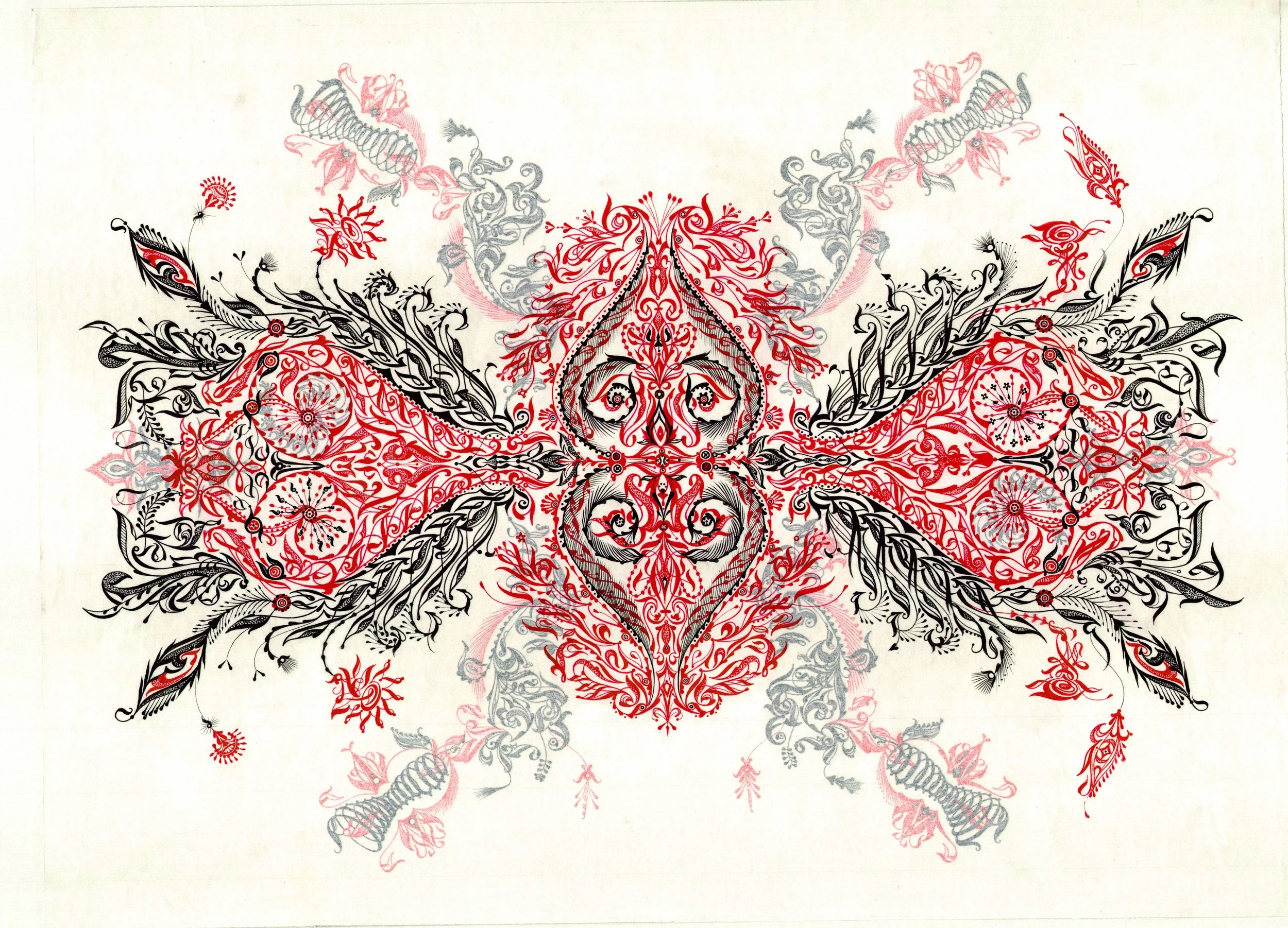 An intricate symmetrical tattoo design of a butterfly with red, black, and gray patterns.