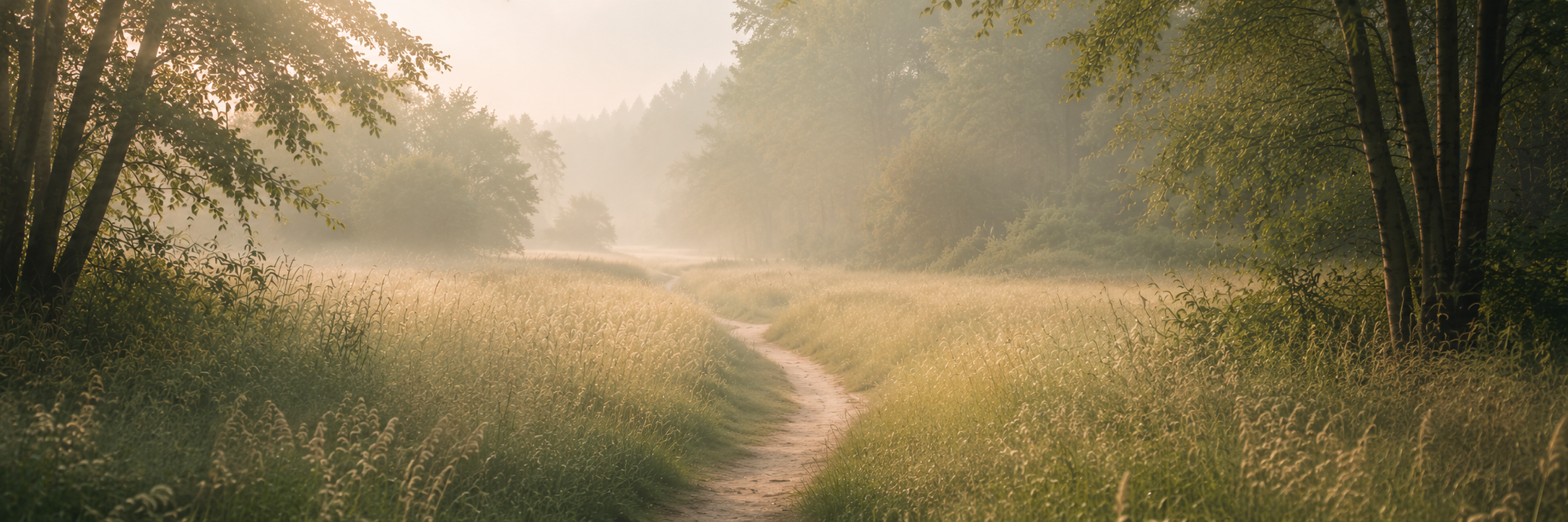 A dirt path winding through a grassy meadow with tall trees on either side, sunlight filtering through the foliage, giving a warm, peaceful atmosphere.