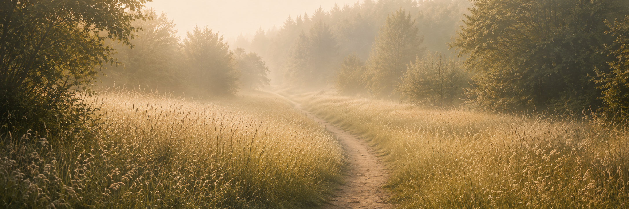 A dirt path winding through a field of tall grass and wildflowers in a forest, illuminated by soft golden sunlight.