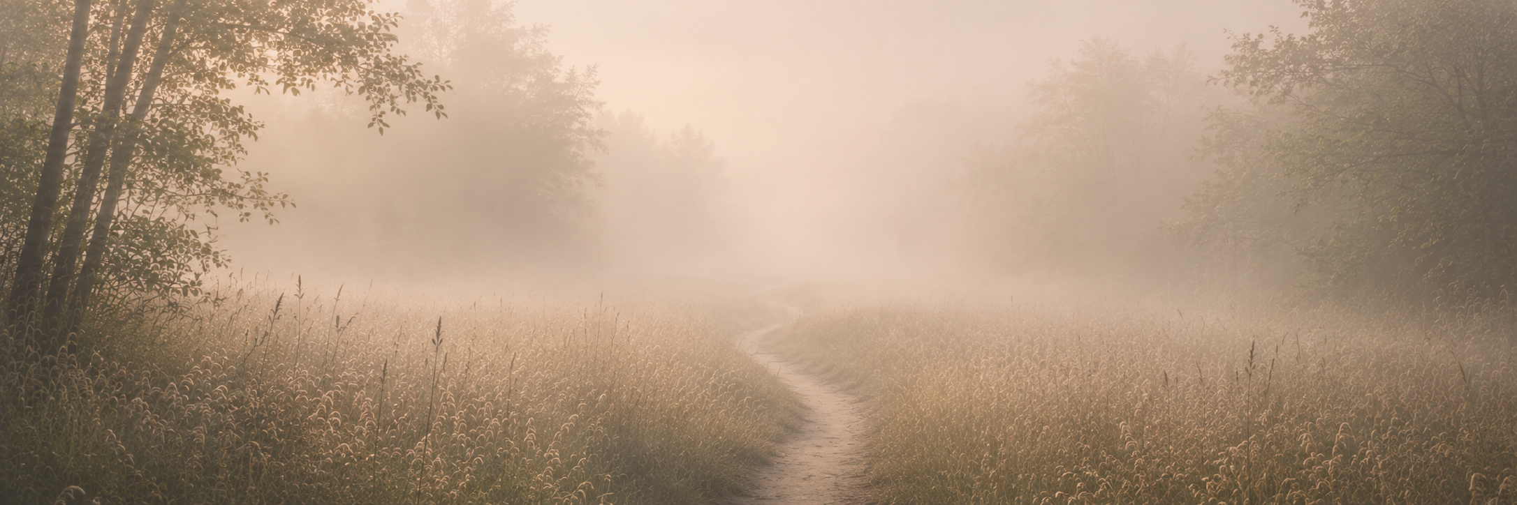 A foggy dirt path running through tall grass and trees on either side, with dense fog obscuring the background.