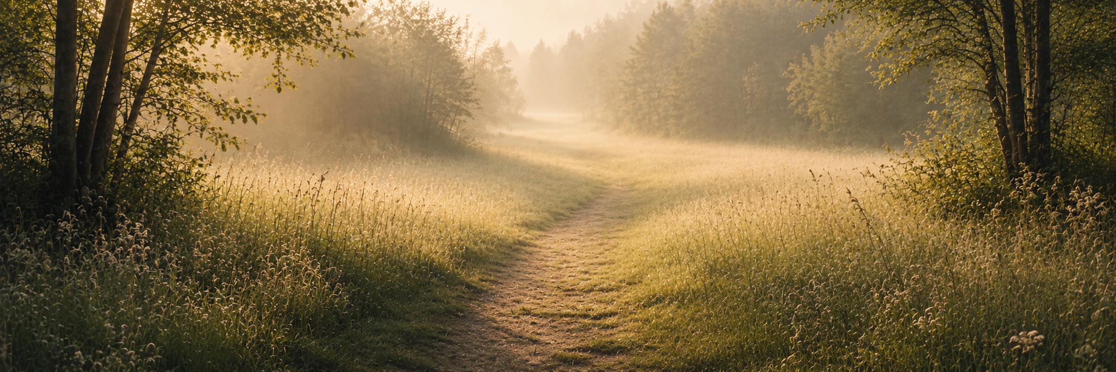 A dirt trail through tall grass and trees in a forest with soft golden sunlight filtering through the trees.